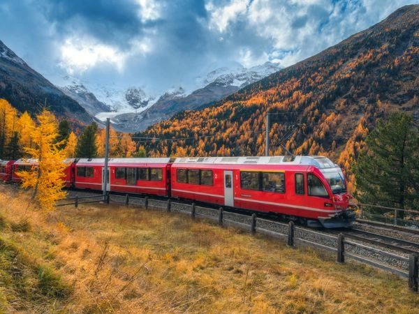 Trenino rosso Bernina Express che attraversa la colorata foresta autunnale. Trenino rosso Bernina Express che attraversa la colorata foresta autunnale.