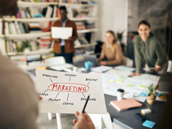 team aziendale sui piani di marketing in una riunione in ufficio